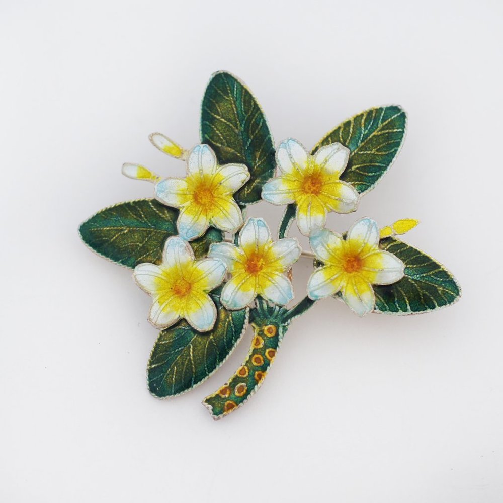 Zarah 925 Sterling Silver Enamel Vintage Plumeria Flower Bouquet Pin